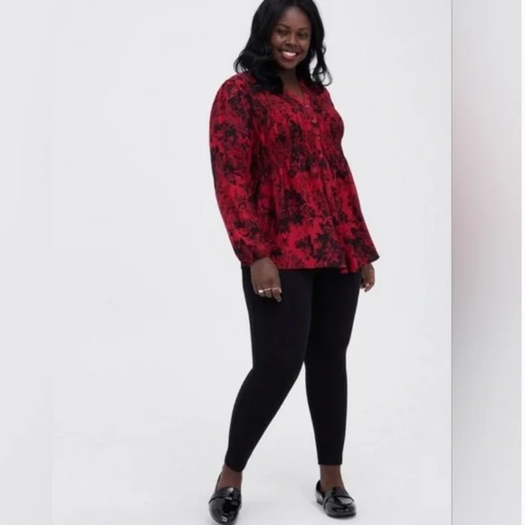 Torrid Babydoll Twill Smocked Button Front High Low Tunic - Picture 3 of 8